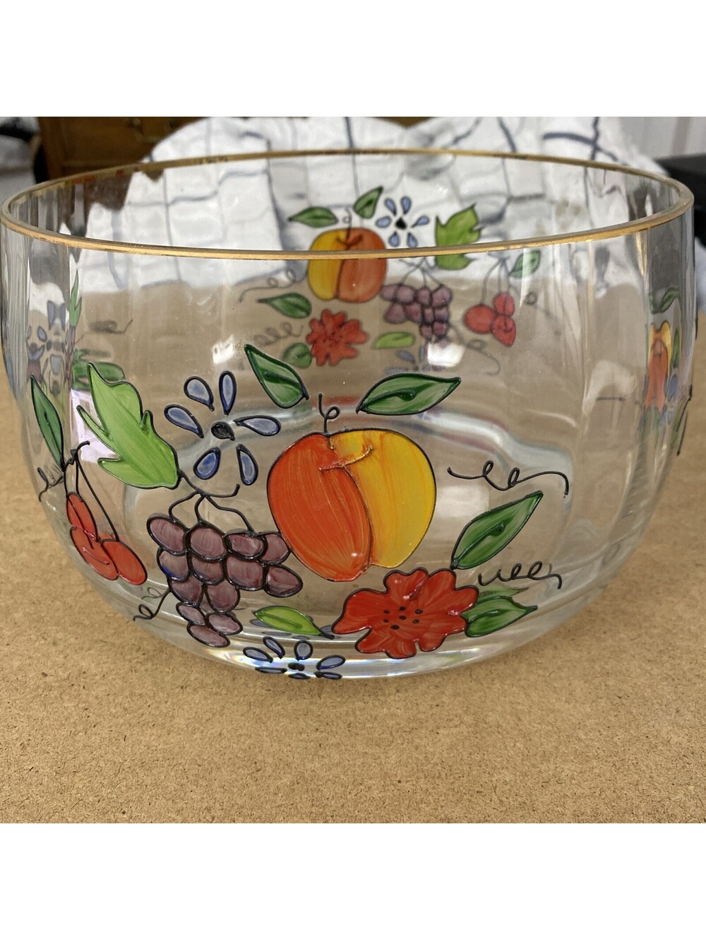 Crystal Clear Fruit Bowl Venetian Style Embossed Glass Gold Accents 9" D Romania